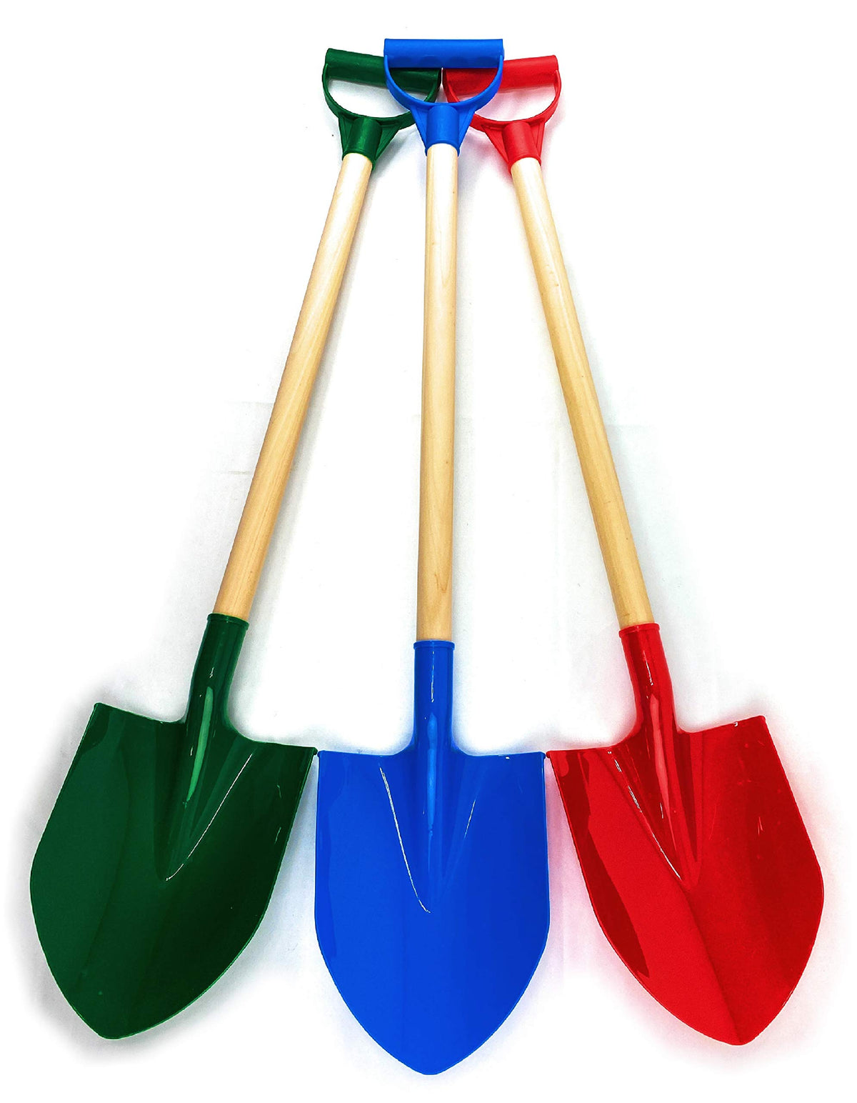 31" Heavy Duty Wooden Kids Sand Shovels with Plastic Spade & Handle (Red, Blue & Green) Complete Gift Set Bundle - 3 Pack
