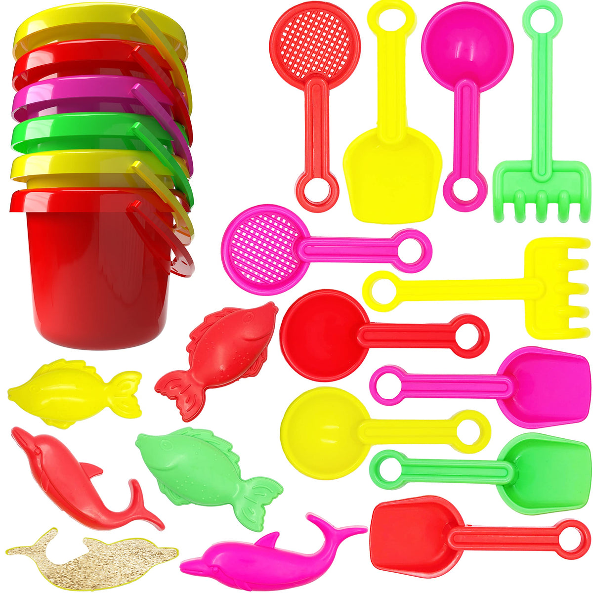 Mini Beach Day Playsets (Pack of 6) 3.25" Sand Bucket Play Set Box Includes, Pail, Shovel, Rake, Sifter Scoop, Dolphin Fish Sand Trays Toy for Boys and Girls Birthday Party Favor