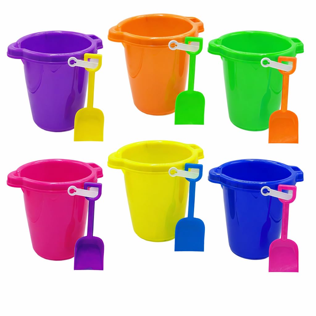6 Pack 7.5" Beach Buckets and Shovels for Kids Bulk - Strong Large Sand Bucket for Toddler Beach Toys for Kids 3-10, Sandbox Toys