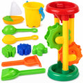 Double Sand & Water Wheel Tower Beach Toy Set w/Built-in Funnel, Sieve, Bucket, Shovel, Rake, Animal Molds for Kids, Toddlers Play