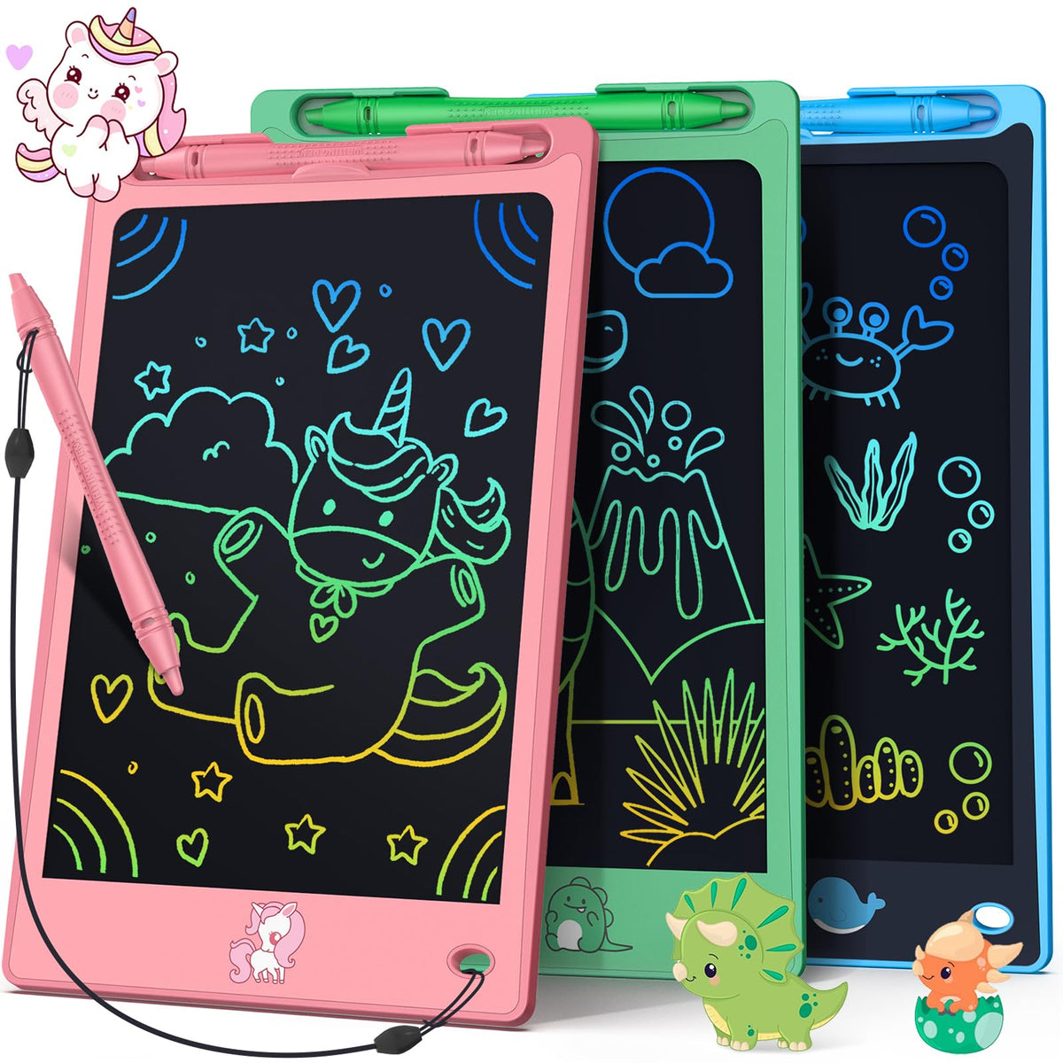 LCD Writing Tablet for Kids, 8.8 Inch Drawing Tablet for Boys Girls 3 4 5 6 7 8 Year, 3pcs in 1 Pack Drawing Pad Birthday Christmas Gift for Kid Educational Doodle Board Cute Unicorn Toy