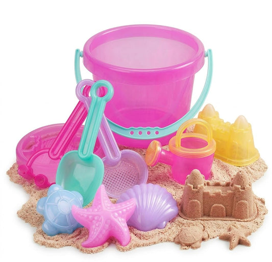 Kinder King 10PCS Sand Toys for Toddlers 1-3 3-5, Pink Beach Toys Set for Girls 18M+, Translucent Sand Castle Molds, Bucket, Sifter, Shovels & Watering Can, Durable Sandbox Toys for Kids